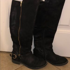 Black Suede Riding Boots with Gold Hardware